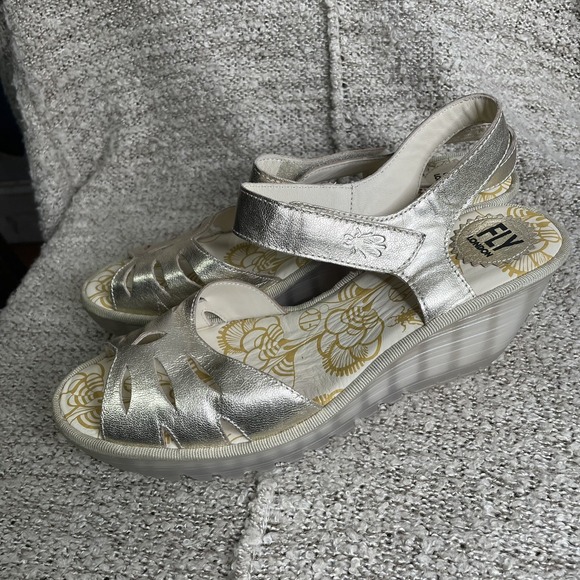 Fly London Metallic Gold Wedge Sandals - Picture 5 of 11